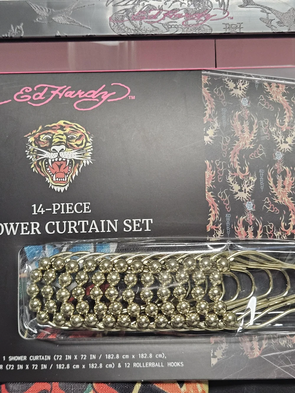 Ed Hardy Black Shower Curtain Set with Red & Orange Dragon Flame Print